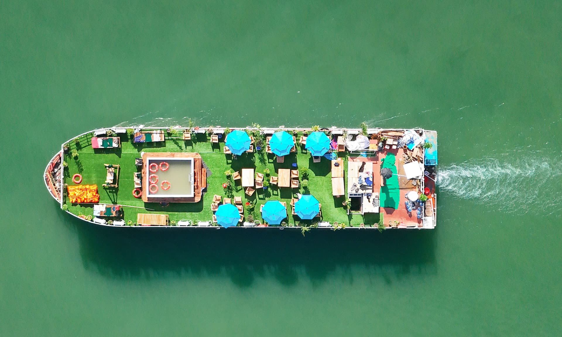 Aerial view of The Tangua Retreat cruise on the water